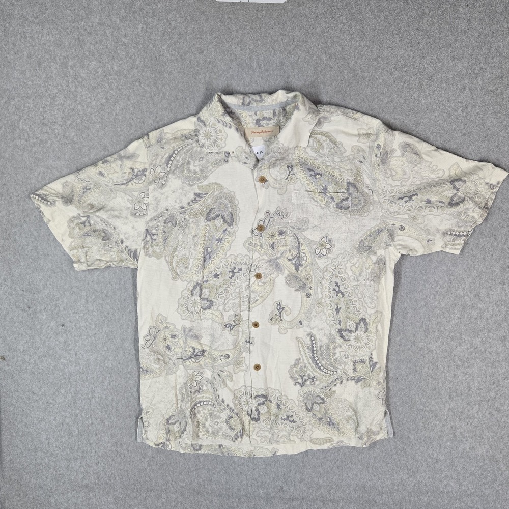 Tommy Bahama Men Button Up Shirt L‎ Ivory Paisley Floral 100% Silk Hawaiian